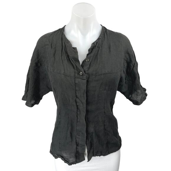 Roberto Verino 100% Linen Black Short Sleeve Button Down Shirt Blouse Top Sz 12 - Picture 1 of 4